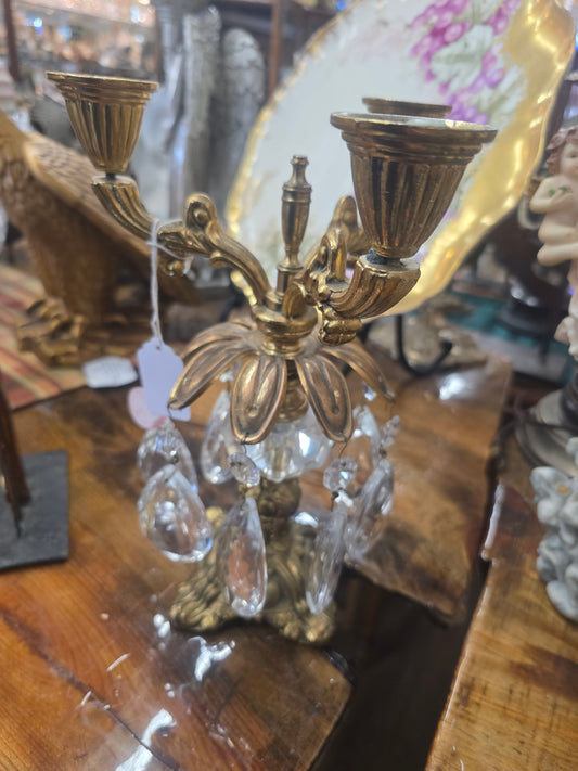 Hollywood Regency brass and crystal candelabra