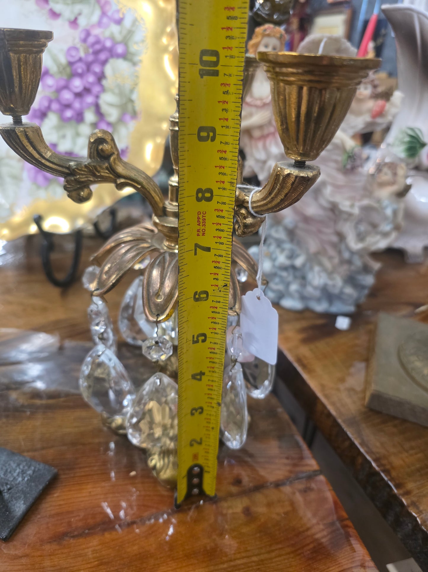 Hollywood Regency brass and crystal candelabra