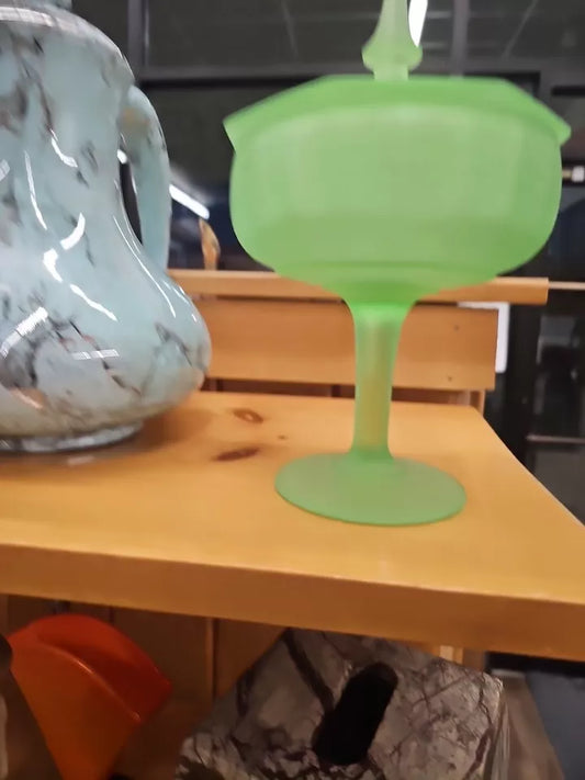 VTG Satin Green Footed Uranium Candy Dish With Lid S1206