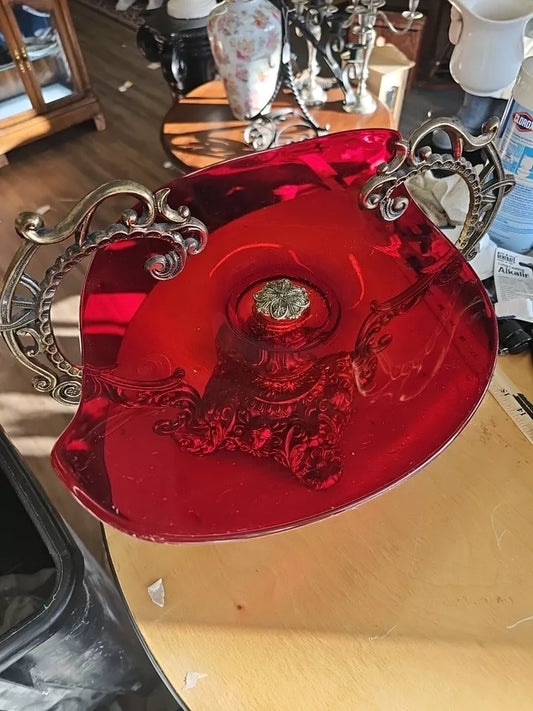 Oval footed Large 18 " Dish Ruby Red And Brass Antique Centerpiece B279