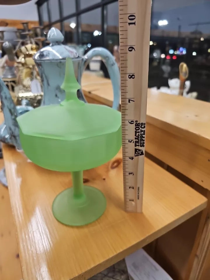 VTG Satin Green Footed Uranium Candy Dish With Lid S1206