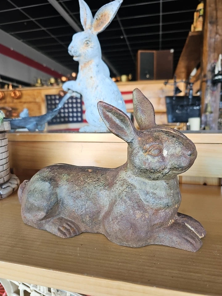 Antique Cast Iron Patina Double-Sided BUNNY RABBIT Doorstop / Garden Decoration