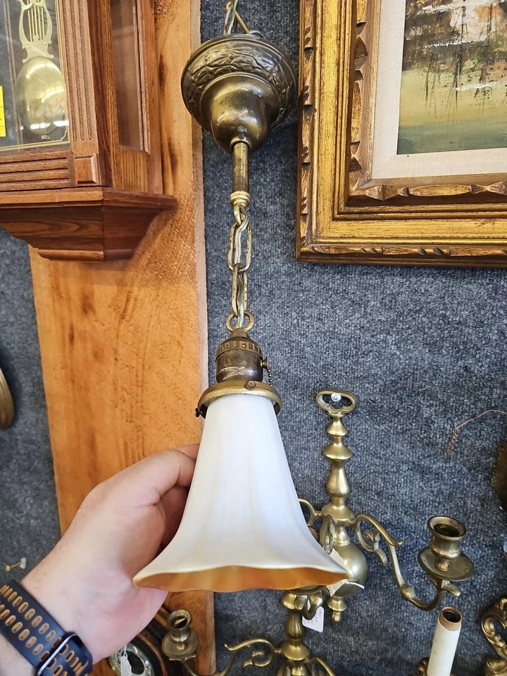 Antique Single Brass Pendant Light Fixture W STEUBEN Gold Aureen Calcite shade