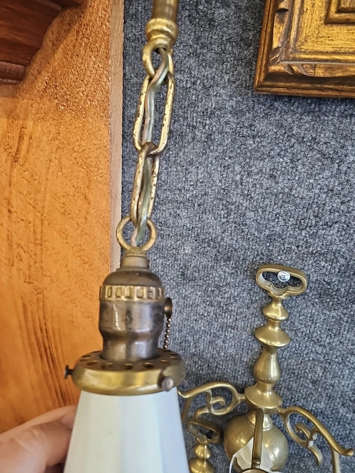 Antique Single Brass Pendant Light Fixture W STEUBEN Gold Aureen Calcite shade