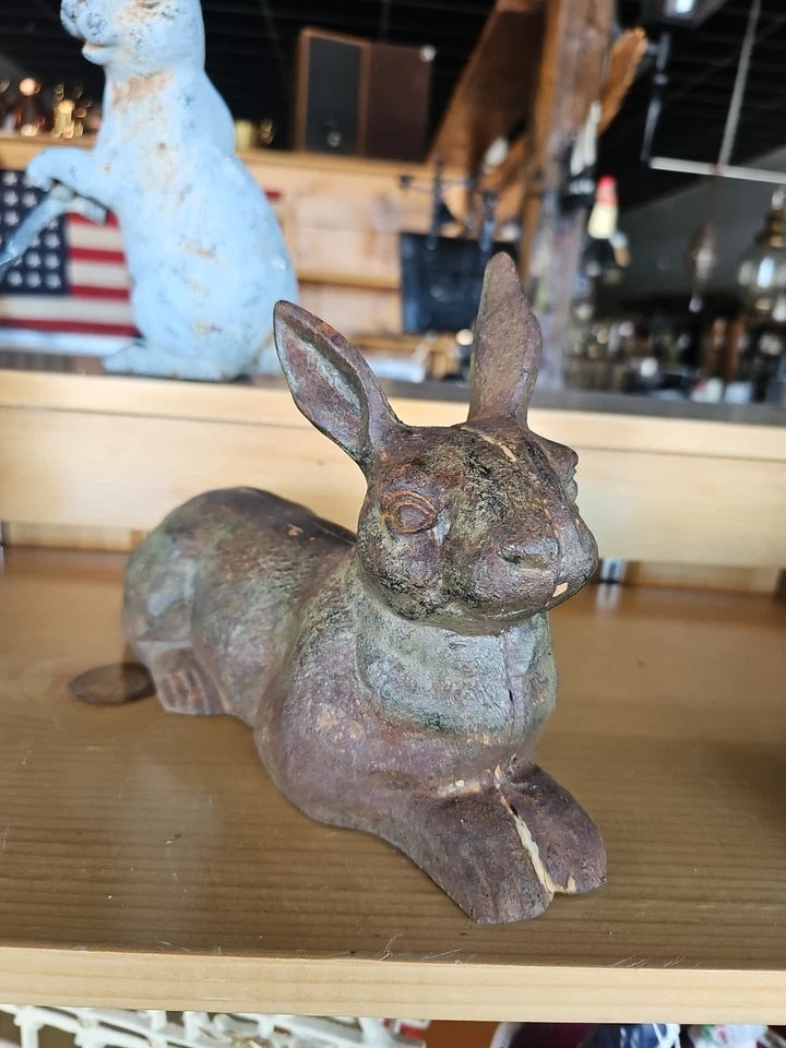 Antique Cast Iron Patina Double-Sided BUNNY RABBIT Doorstop / Garden Decoration