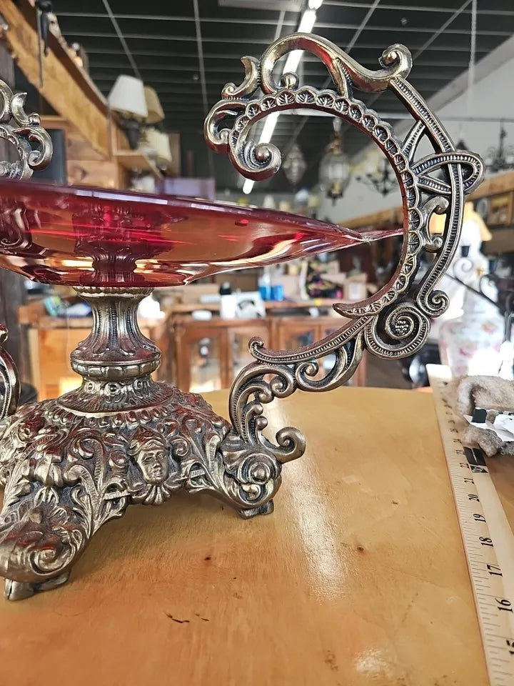 Oval footed Large 18 " Dish Ruby Red And Brass Antique Centerpiece B279