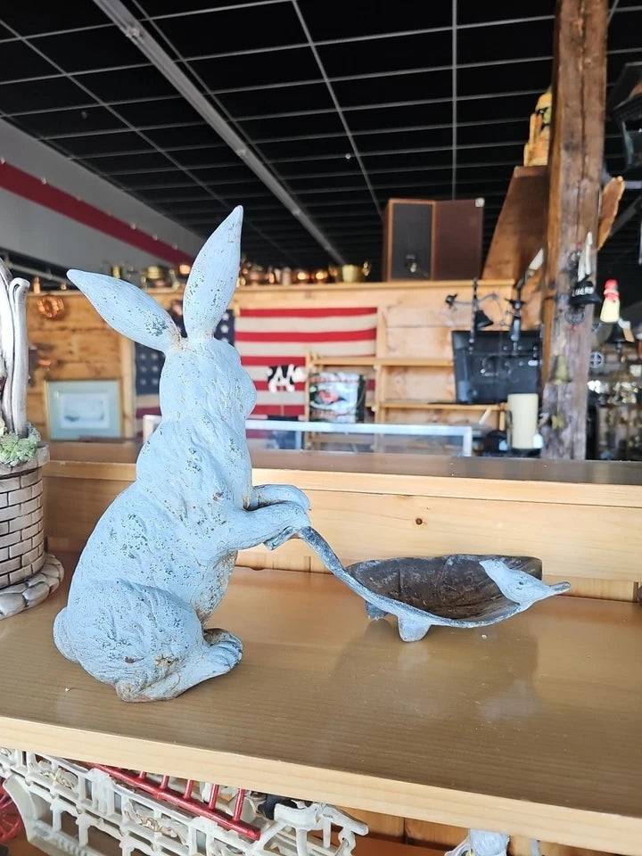 Rabbit Bunny And Leaf Bird Feeder Garden Sculpture Statue Cast Iron