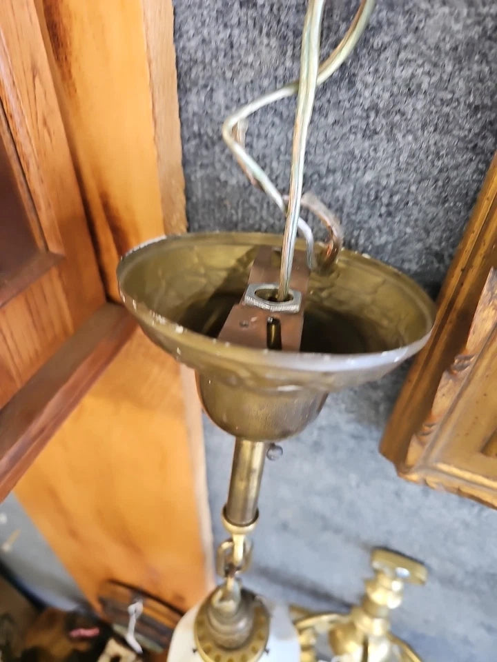 Antique Single Brass Pendant Light Fixture W STEUBEN Gold Aureen Calcite shade