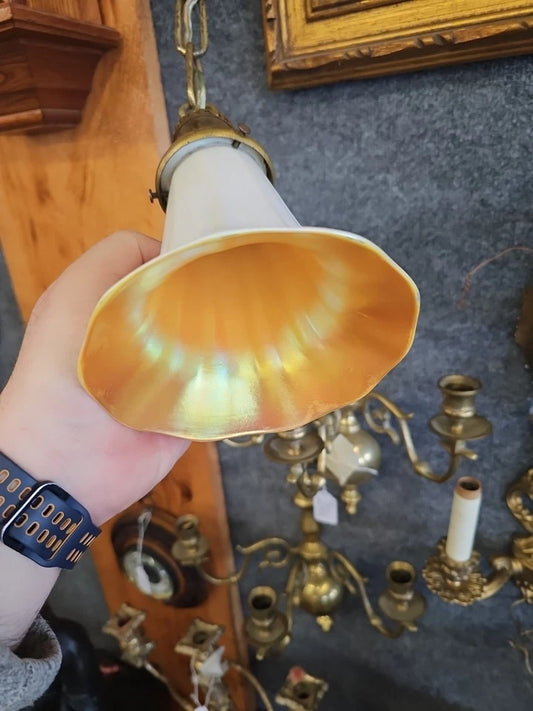 Antique Single Brass Pendant Light Fixture W STEUBEN Gold Aureen Calcite shade