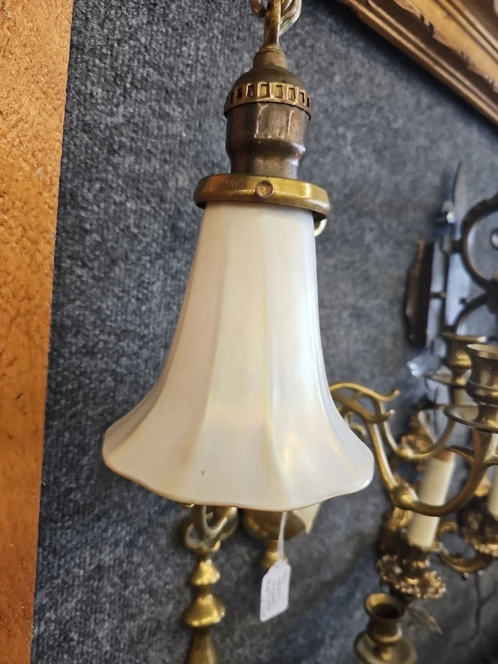 Antique Single Brass Pendant Light Fixture W STEUBEN Gold Aureen Calcite shade