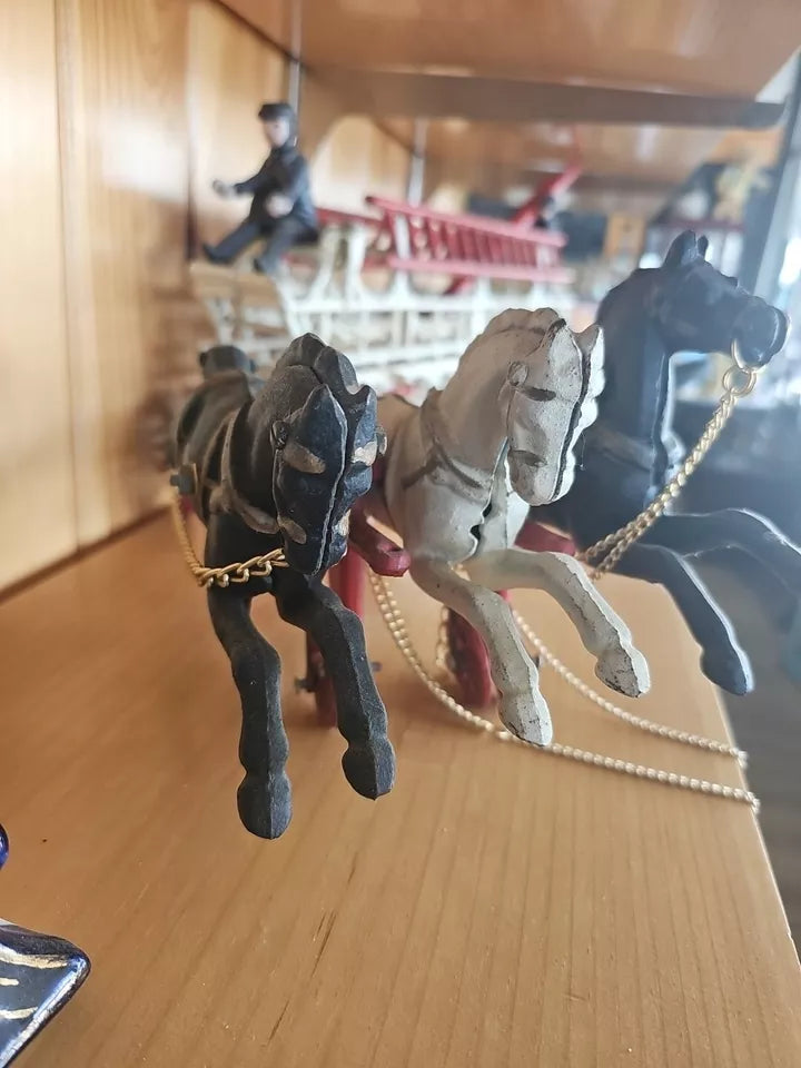 Vintage Cast Iron 3 Horse Drawn 31” Hook & Ladder Fire Engine-3 Ladders 2 Figur.