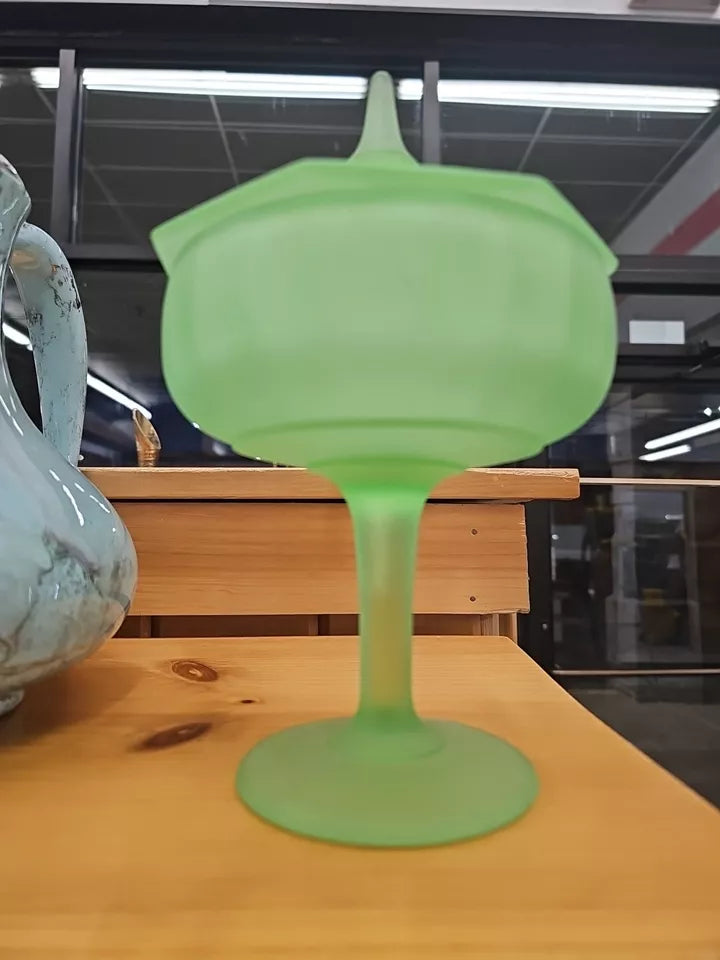 VTG Satin Green Footed Uranium Candy Dish With Lid S1206