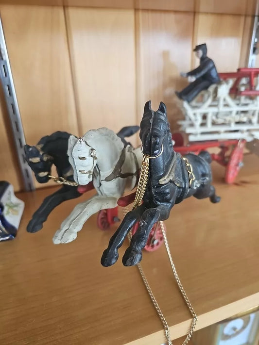 Vintage Cast Iron 3 Horse Drawn 31” Hook & Ladder Fire Engine-3 Ladders 2 Figur.