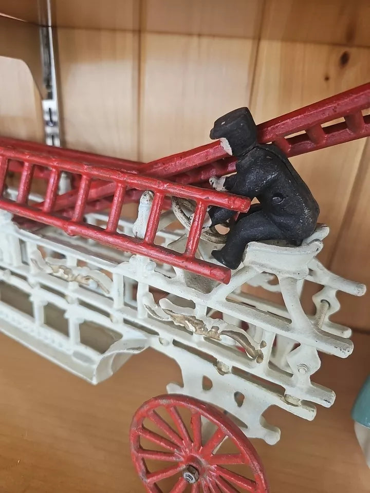 Vintage Cast Iron 3 Horse Drawn 31” Hook & Ladder Fire Engine-3 Ladders 2 Figur.