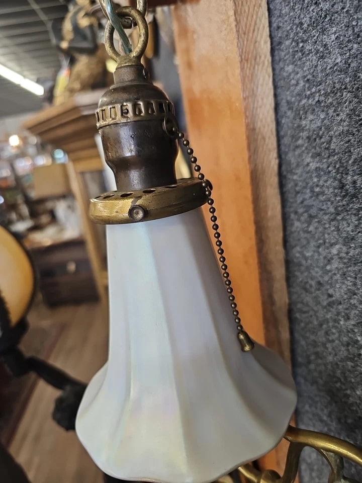 Antique Single Brass Pendant Light Fixture W STEUBEN Gold Aureen Calcite shade