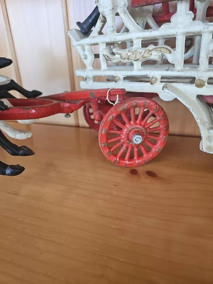 Vintage Cast Iron 3 Horse Drawn 31” Hook & Ladder Fire Engine-3 Ladders 2 Figur.