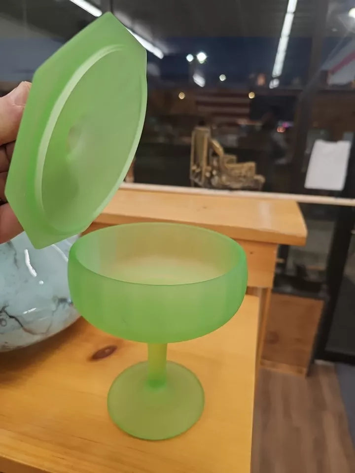VTG Satin Green Footed Uranium Candy Dish With Lid S1206