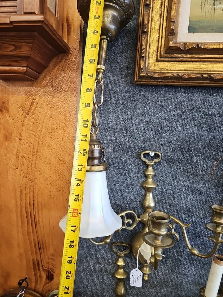 Antique Single Brass Pendant Light Fixture W STEUBEN Gold Aureen Calcite shade