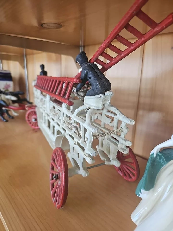 Vintage Cast Iron 3 Horse Drawn 31” Hook & Ladder Fire Engine-3 Ladders 2 Figur.