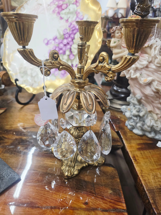 Hollywood Regency brass and crystal candelabra