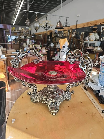 Oval footed Large 18 " Dish Ruby Red And Brass Antique Centerpiece B279