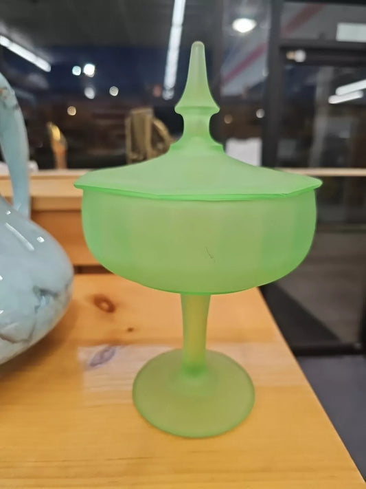 VTG Satin Green Footed Uranium Candy Dish With Lid S1206