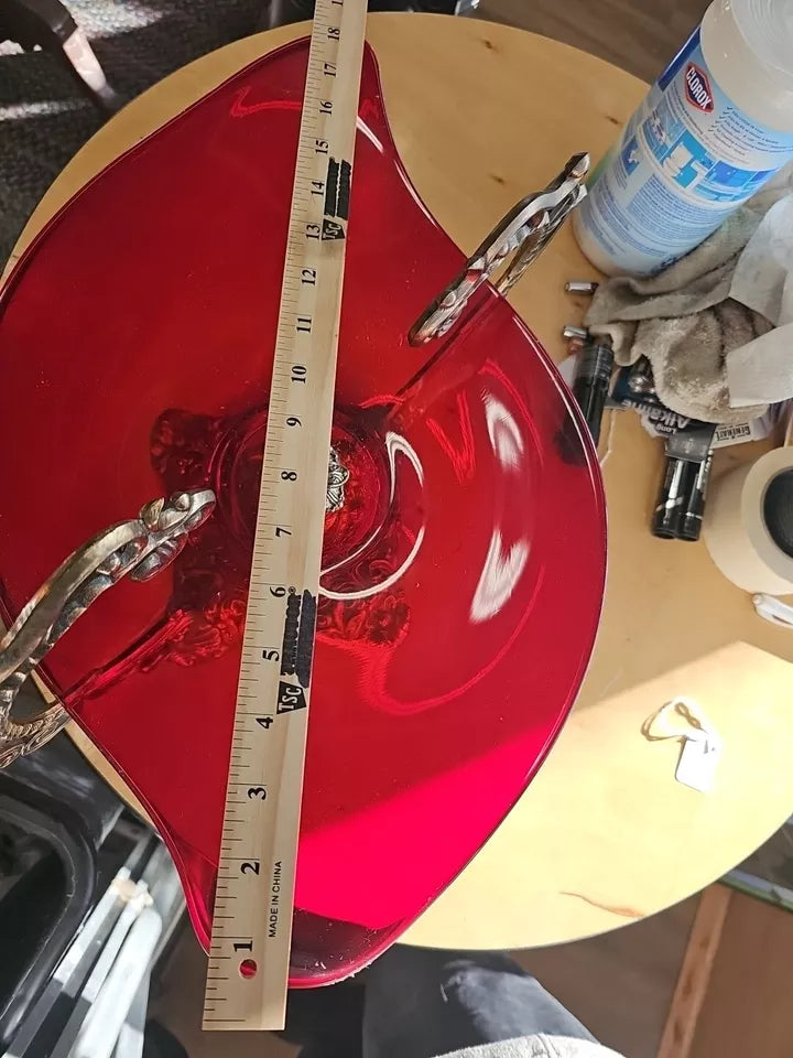 Oval footed Large 18 " Dish Ruby Red And Brass Antique Centerpiece B279