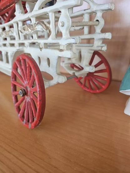 Vintage Cast Iron 3 Horse Drawn 31” Hook & Ladder Fire Engine-3 Ladders 2 Figur.