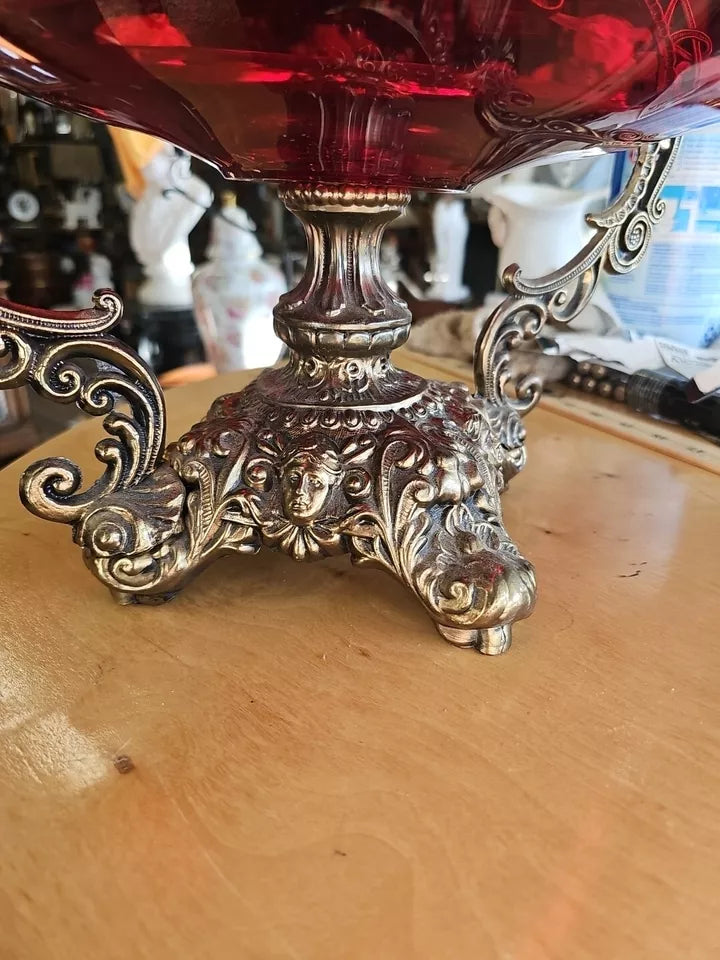 Oval footed Large 18 " Dish Ruby Red And Brass Antique Centerpiece B279