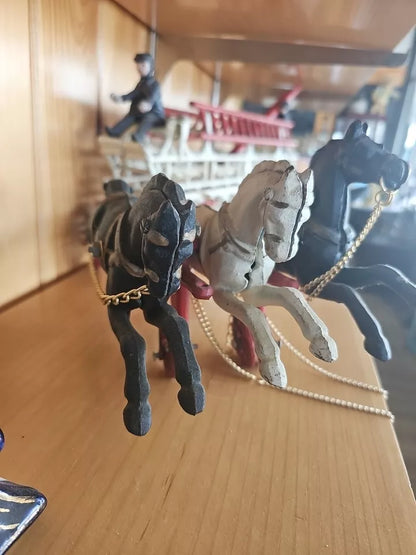 Vintage Cast Iron 3 Horse Drawn 31” Hook & Ladder Fire Engine-3 Ladders 2 Figur.