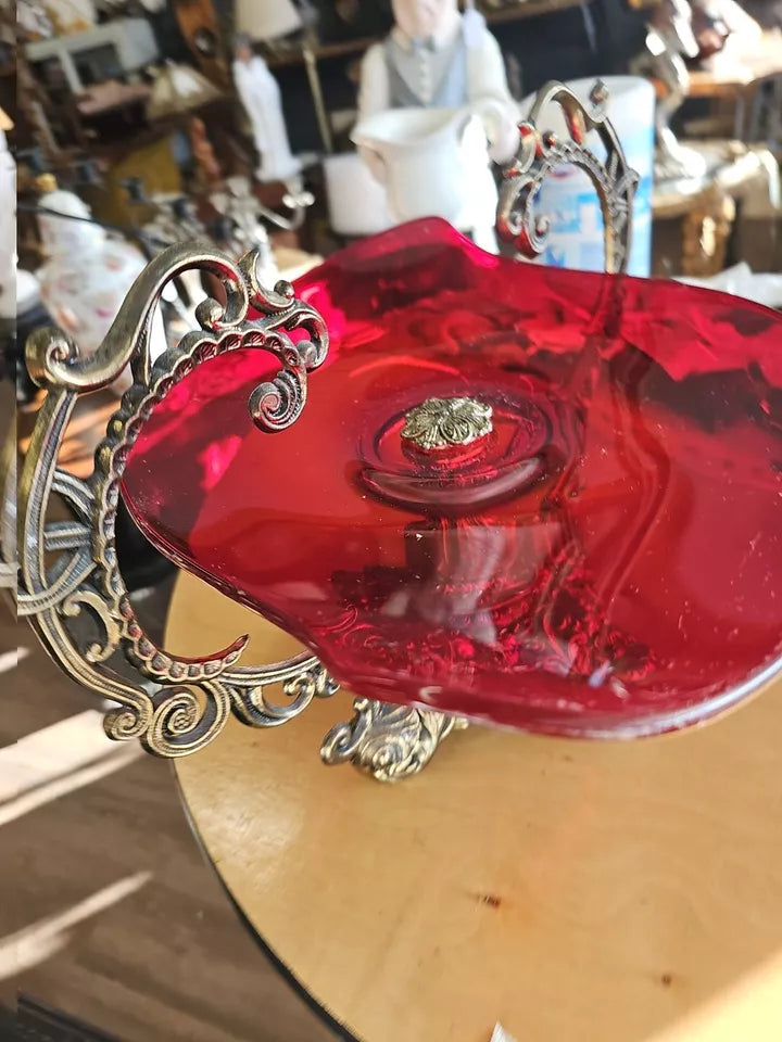 Oval footed Large 18 " Dish Ruby Red And Brass Antique Centerpiece B279